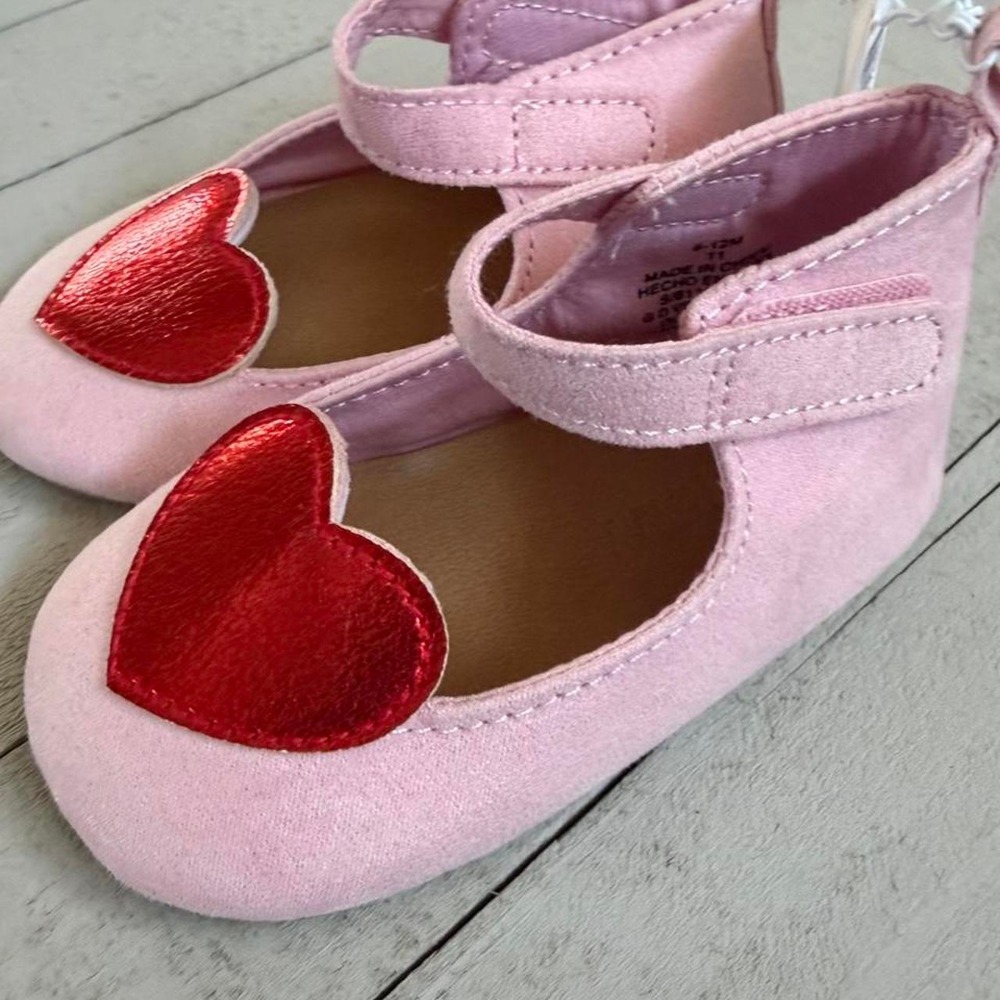 Old Navy Pink & Red Heart Mary Jane Ballet Flats 6-12mos - Picture 2 of 4